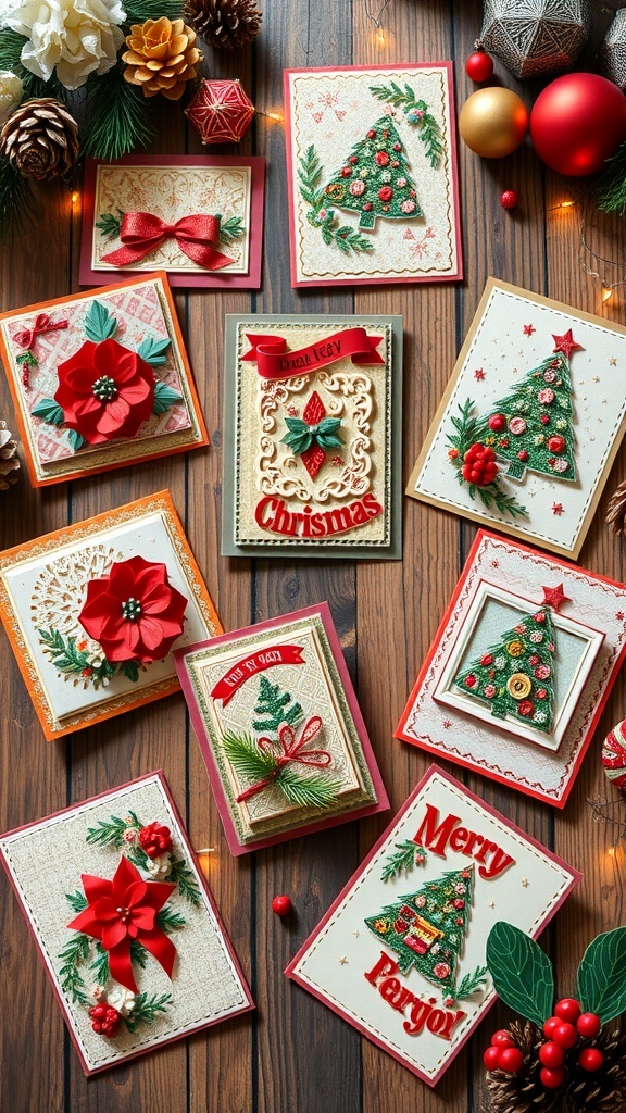 A variety of handmade Christmas cards using Graphic 45 papers, showcasing festive designs and embellishments on a wooden table.